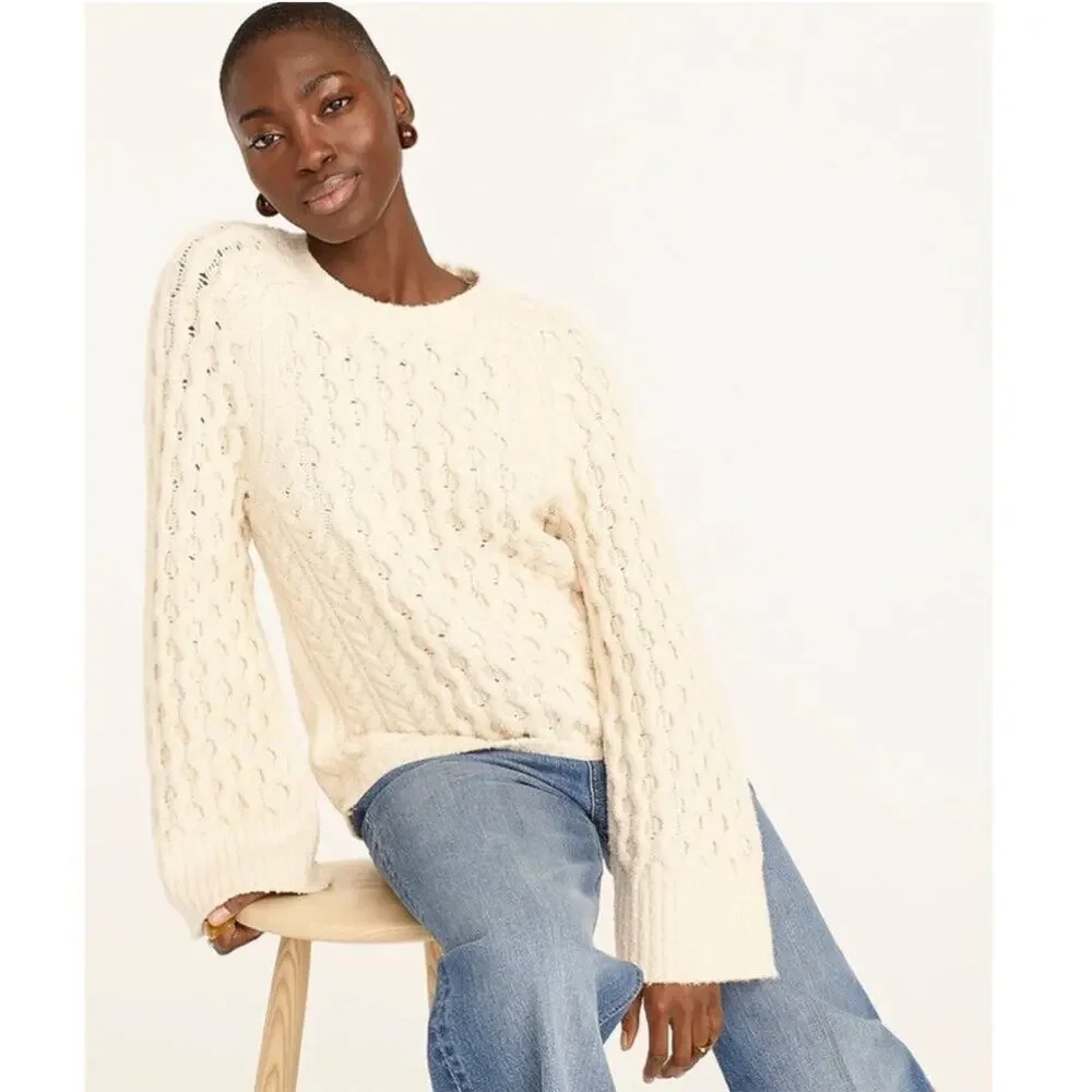 J.Crew Cream Cotton-Blend Bouclé Cable-Knit Sweater